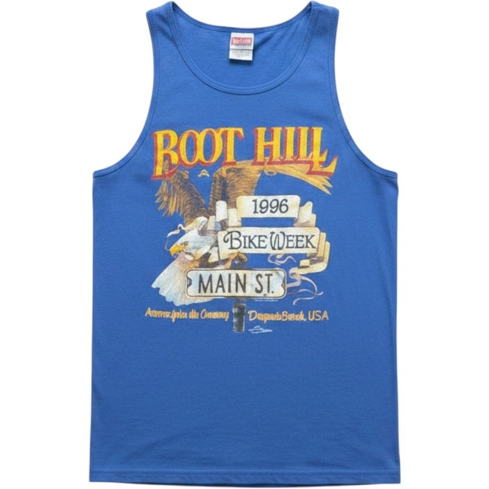 Vintage Anvil 1996 Boot Hill Saloon Bike Week Tank Top Mens XL Blue USA Made